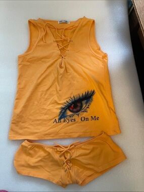 Popsi lingerie All Eyes On Me Lace-Up Orange Tank & Shorts Set. Size lg